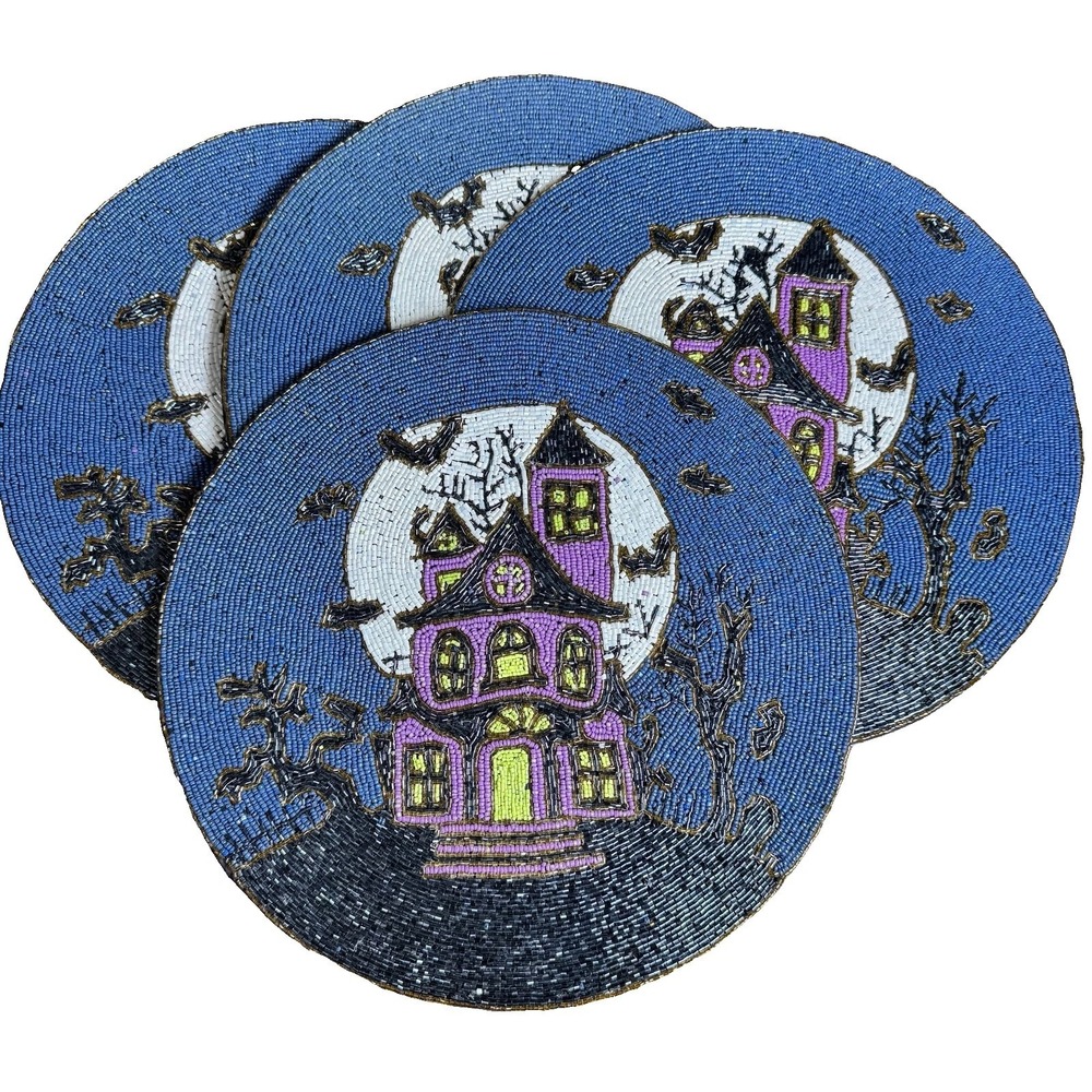 4X Nicole Miller Halloween Beaded Haunted House Placemats Chargers Spooky Decor